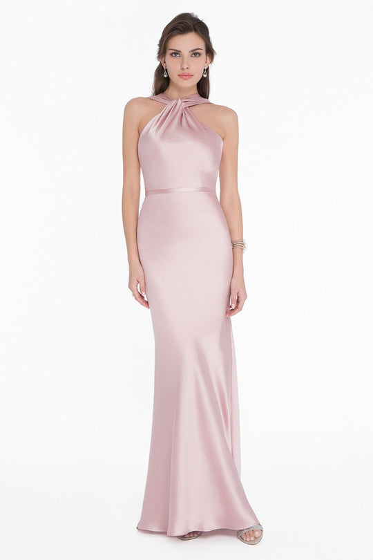 Terani Couture - 1822E7286 Knotted Neckline Satin Slinky Gown in Pink