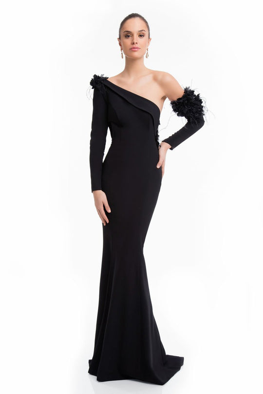 Terani Couture - 1821E7133 Feathered Floral Ornate Long Sleeve Gown in Black