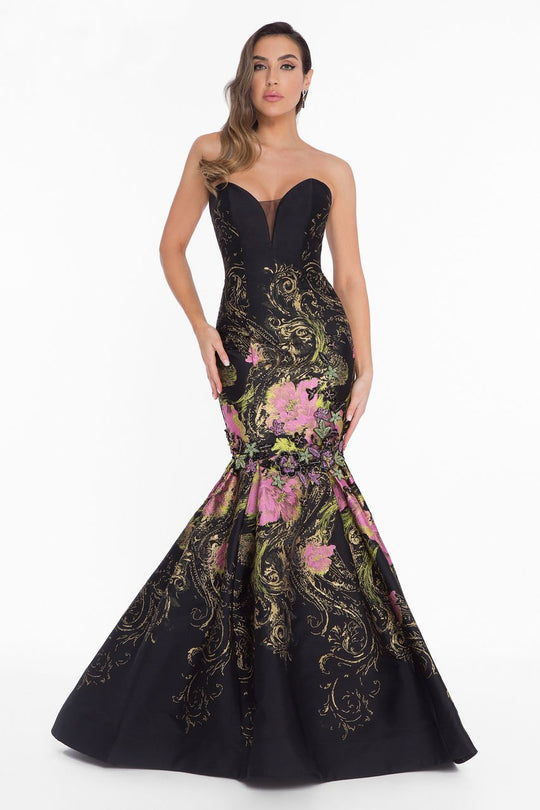 Terani Couture - 1821E7160 Strapless Floral Printed Mermaid Gown in Black and Pink