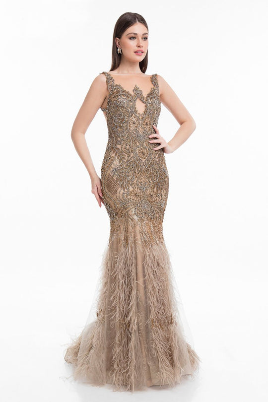 Terani Couture - 1821GL7423 Beaded Sheer Bateau Feathered Trumpet Gown in Neutral and Brown