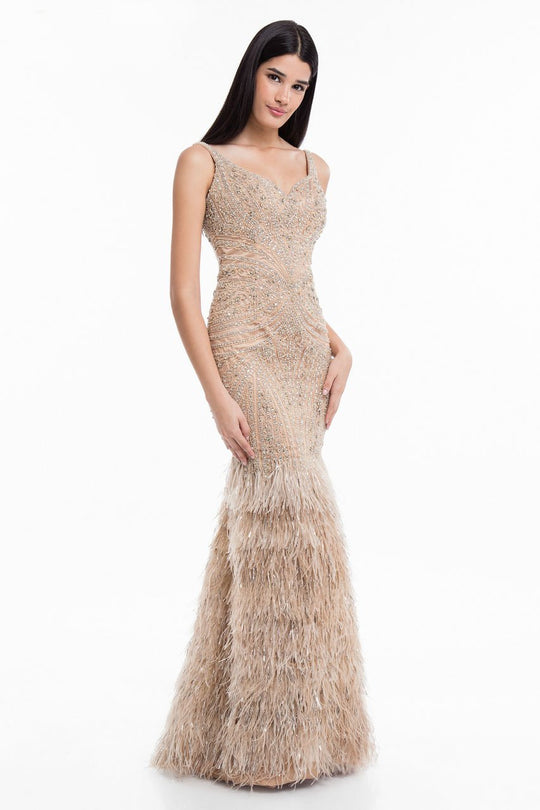 Terani Couture - 1821GL7429 Beaded Sweetheart Feathered Trumpet Dress in Neutral