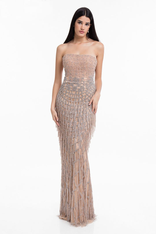 Terani Couture - 1821GL7427 Strapless Beaded Fringe Sheath Dress in Pink and Silver