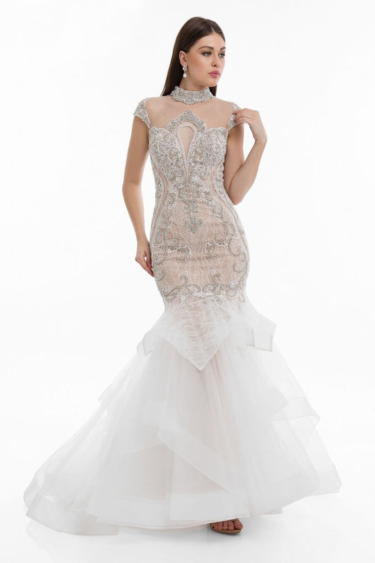 Terani Couture - 1821GL7435 Ornate Cap Sleeve Cutout Bodice Long Gown in White and Neutral