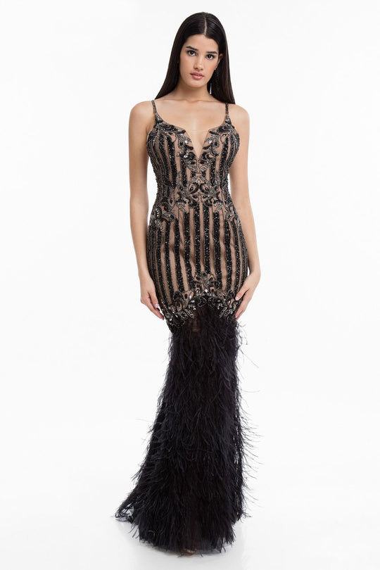 Terani Couture - 1821GL7439 Feather-Fringed Beaded Plunging Gown in Black
