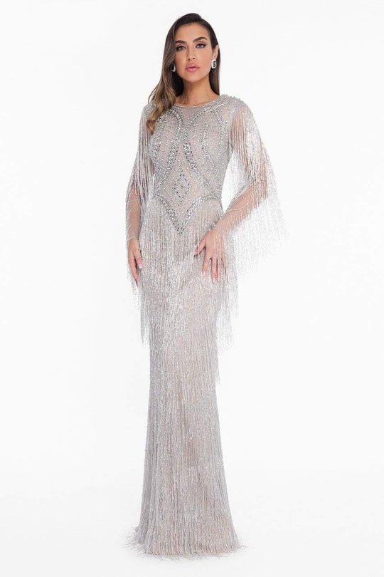 Terani Couture - 1821GL7441 Crystal Fringe Lon Sleeve Fitted Gown in Silver