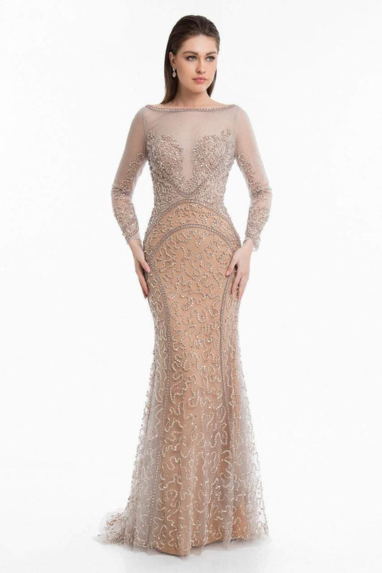 Terani Couture - 1821GL7448 Beaded Illusion Bateau Long Sleeve Dress in Silver and Neutral