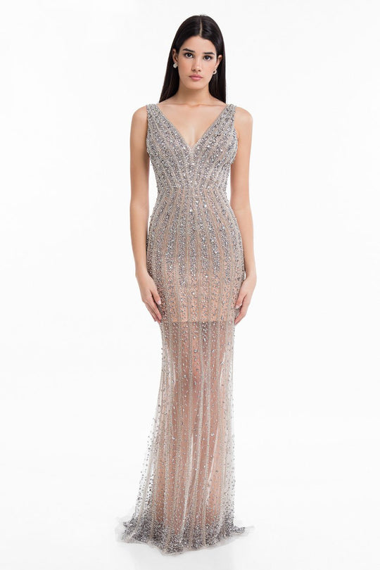 Terani Couture - 1821GL7450 Crystal-Striped Illusion Sheath Gown in Silver