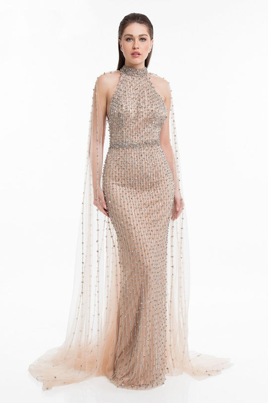 Terani Couture - 1821GL7424 Bedazzled High Halter Gown With Train in Neutral