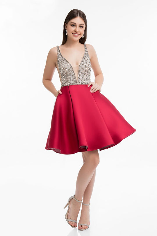 Terani Couture - 1821H7771 Crystal Beaded Bodice Short Party Dress in Silver and Red