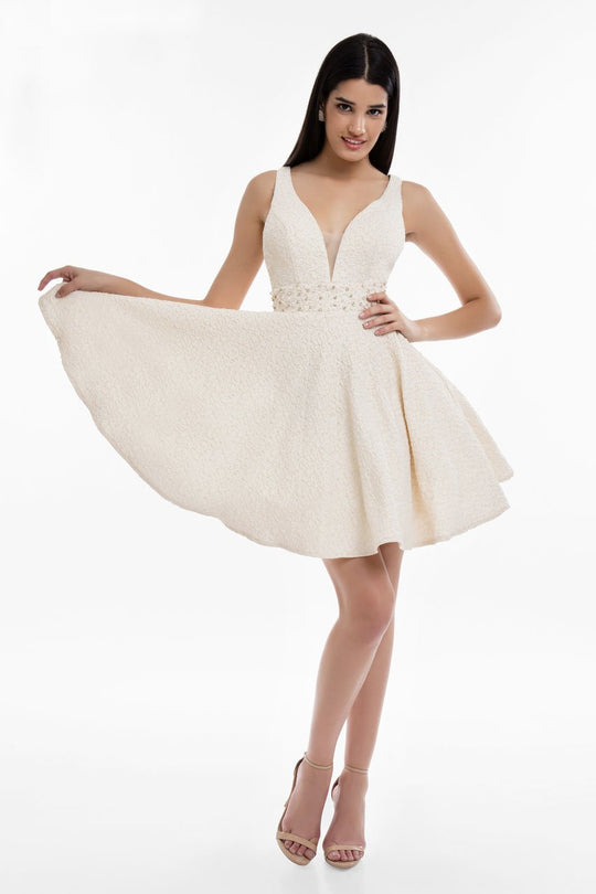 Terani Couture - 1821H7915 Plunging Fitted A-Line Cocktail Dress in Neutral and Gold
