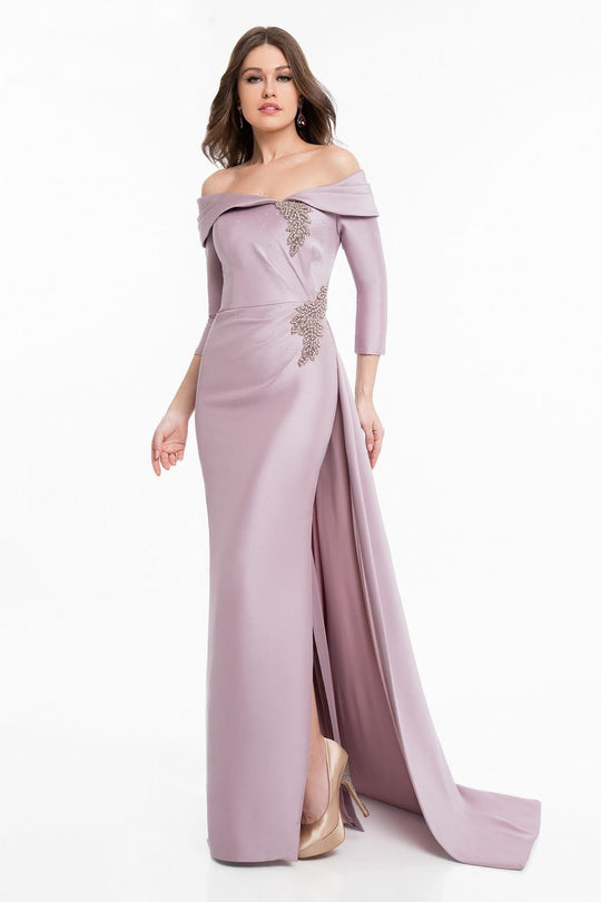 Terani Couture - 1821M7550 Folded Off Shoulder Quarter Sleeve Gown  in Pink