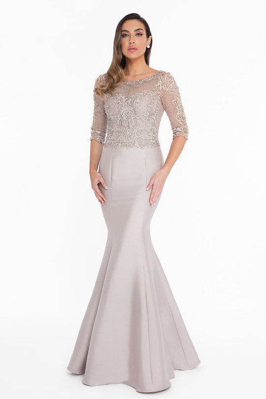 Terani Couture - 1821M7552 Embroidered Lattice Quarter Sleeve Gown in Gray
