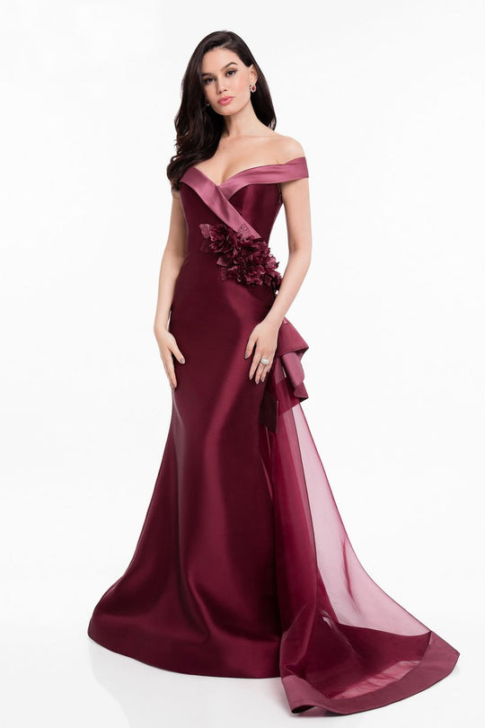 Terani Couture - 1821M7558 Floral Applique Organza Trumpet Dress in Red and Pink