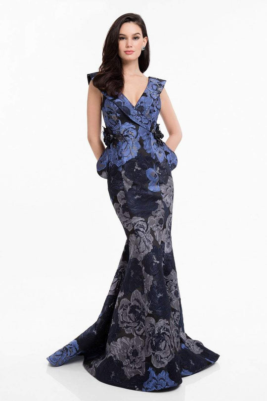 Terani Couture - 1821M7560 Floral Print V-neck Trumpet Dress in Blue and Silver