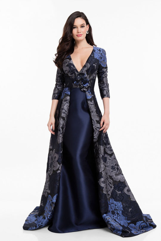 Terani Couture - 1821M7572 Three Tone Jacquard Floral Print Dress in Blue and Silver