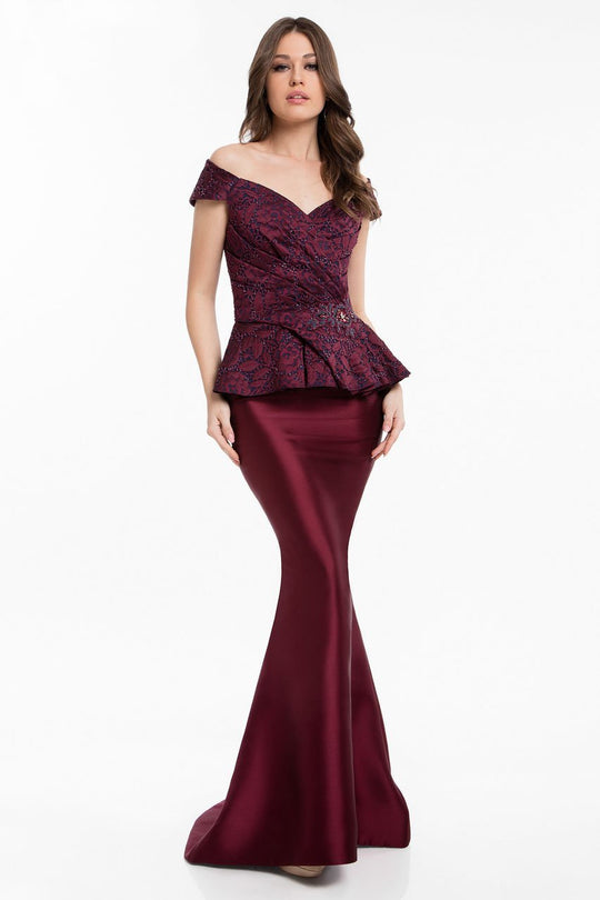 Terani Couture - 1821M7577 Mock Two Piece Lace Jacquard Trumpet Dress in Red and Blue