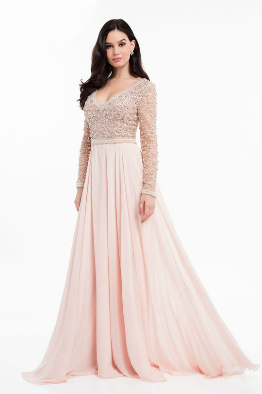 Terani Couture - 1821M7590 Crystal Ornate Long Sleeve Chiffon Gown in Neutral