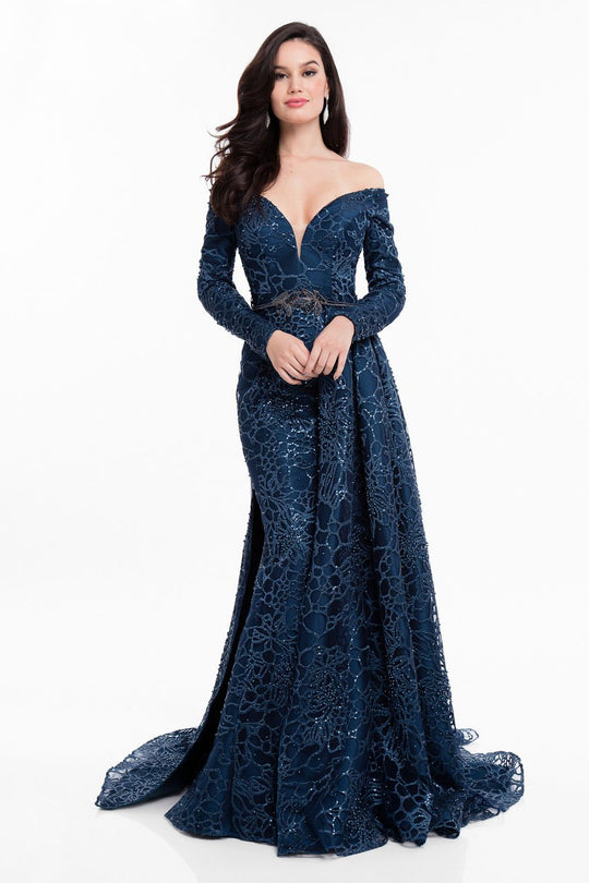 Terani Couture - 1821M7587 Long Sleeve Off Shoulder Overskirt Gown in Blue