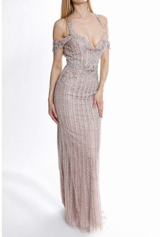 Terani Couture - 1821GL7440 Metallic Beaded Cutout Sheath Gown In Pink and Neutral