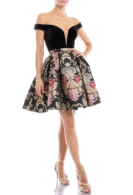 Terani Couture - 1821H7797 Plunging Off Shoulder Gilt-Floral Dress In Black and Multi-Color