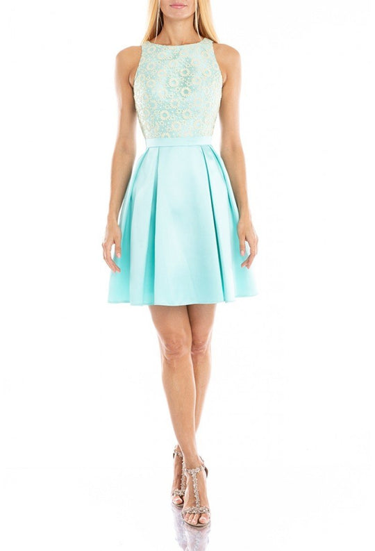 Terani Couture - 1821H7914 Sleeveless Bateau Neck A-Line Short Dress In White and Blue