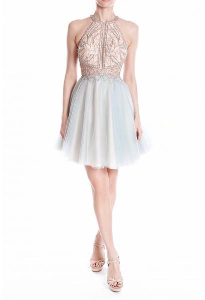 Terani Couture - 1821H7929 Floral Beaded Illusion Paneled Halter Dress In Blue and Gold