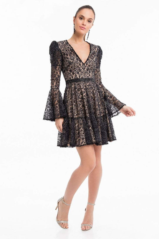 Terani Couture - 1822C7046 Lace and Crystal Accented A-line Dress in Black and Neutal