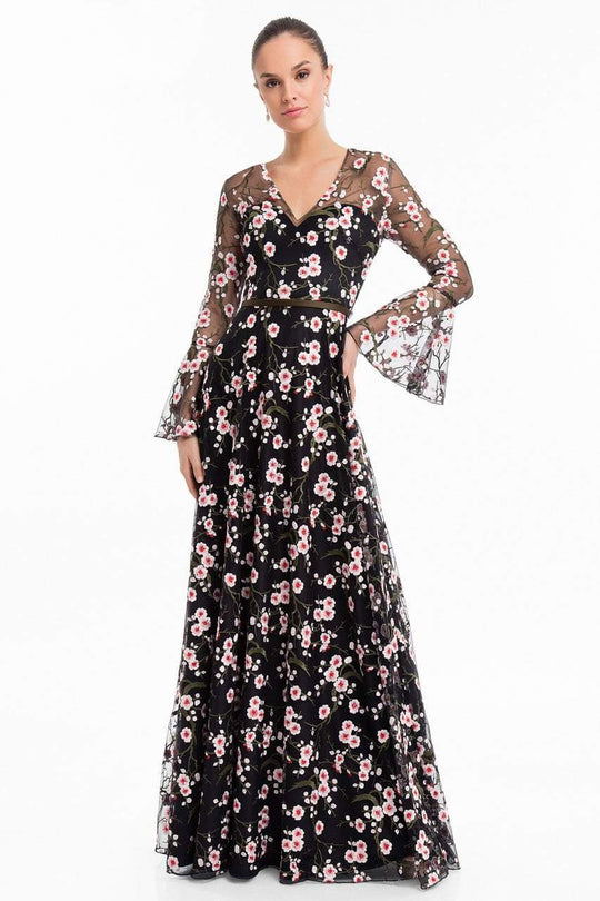 Terani Couture - 1822E7251 Floral Embroidered V-neck A-line Dress in Black and Multi-Color