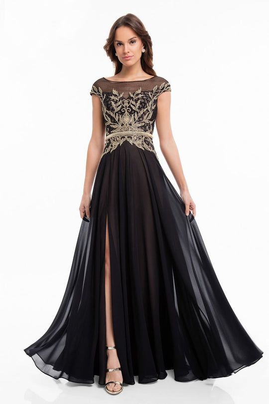 Terani Couture - 1822E7255 Gold Beaded Chiffon A-line Gown in Black