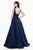 Terani Couture - 1822E7266 Jeweled Floral Brocade A-Line Gown in Blue and Black
