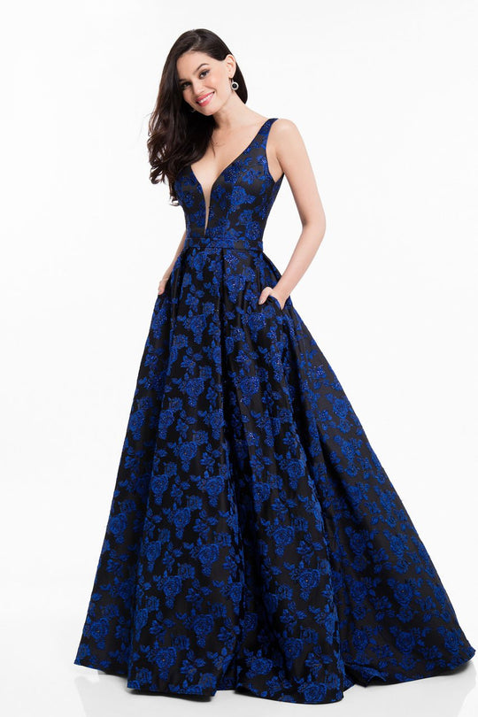 Terani Couture - 1822E7266 Jeweled Floral Brocade A-Line Gown in Blue and Black