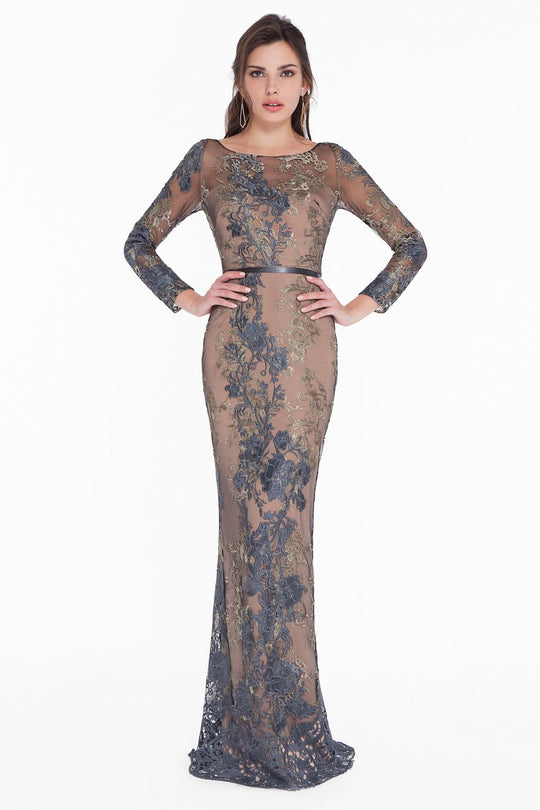 Terani Couture - 1822E7292 Metallic Lace Embroidered Sheath Dress in Gray and Gold