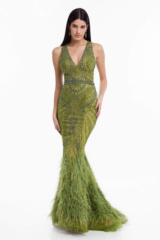 Terani Couture - 1822GL7493 Beaded V-neck Trumpet Dress With Train in Green