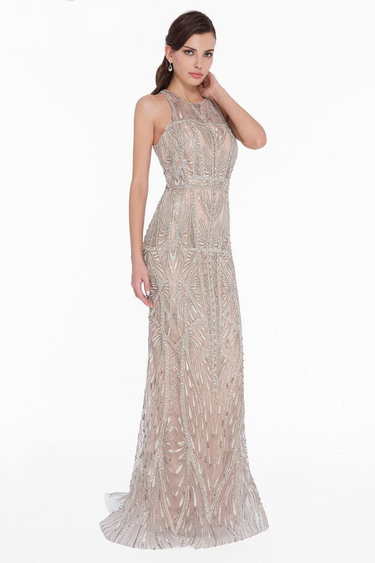 Terani Couture - 1822GL7508 Embroidered Illusion Halter Sheath Dress in White and Gold