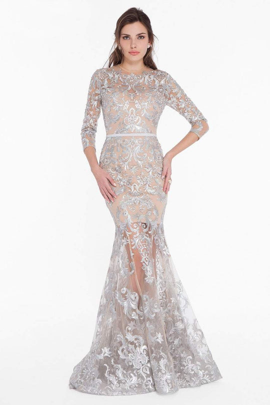 Terani Couture - 1822GL7509 Embroidered Sheer Jewel Trumpet Dress in Silver and Neutral