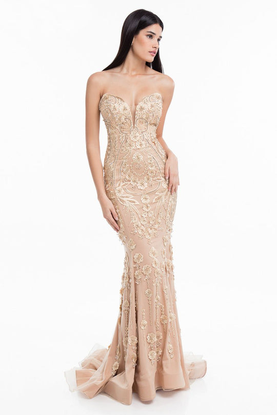 Terani Couture - 1822GL7514 Floral Applique Deep Sweetheart Dress in Neutral