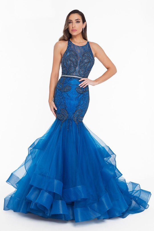 Terani Couture - 1822GL7515 Lace Embroidered Layered Trumpet Dress in Blue