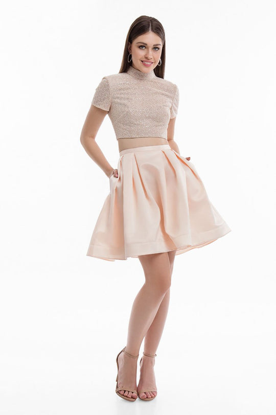 Terani Couture - 1822H7836 Two Piece High Neck A-Line Cocktail Dress in Neutral