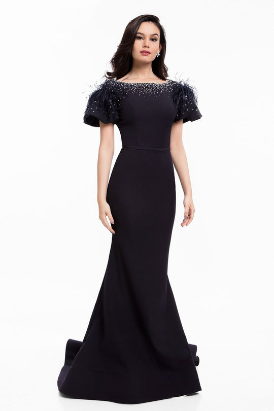 Terani Couture - 1822M7650 Beaded Fitted Feathered Evening Gown in Blue