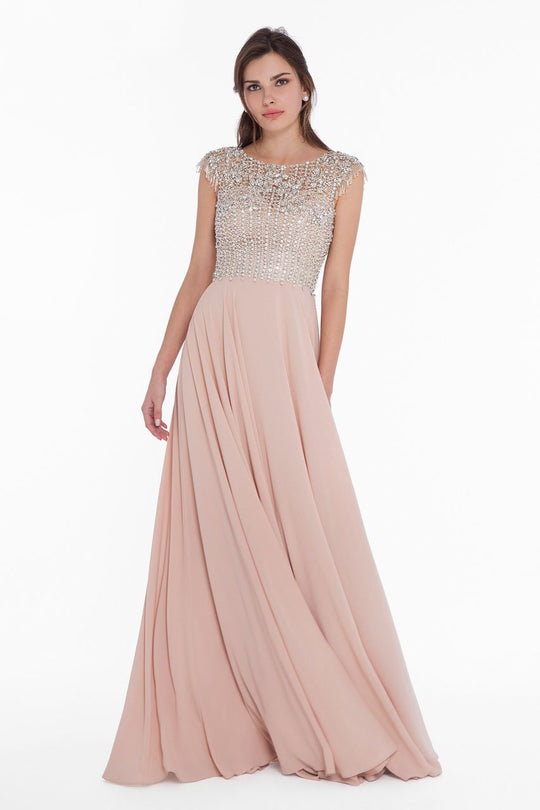 Terani Couture - 1822M7658 Crystal Beaded Bateau A-line Dress in Neutral