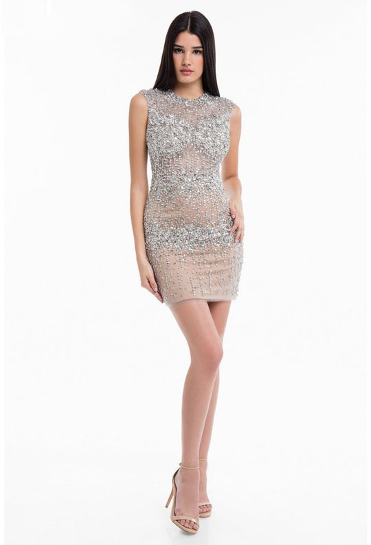 Terani Couture - 1822H7833 Embellished Jewel Neck Sheath Dress in Silver