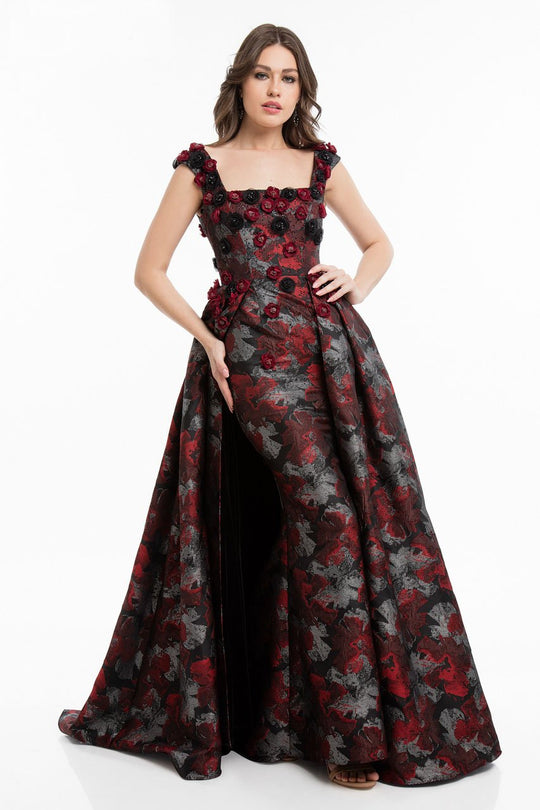 Terani Couture - 1823E7334 Floral Applique Brocade Gown With Overskirt in Red and Black