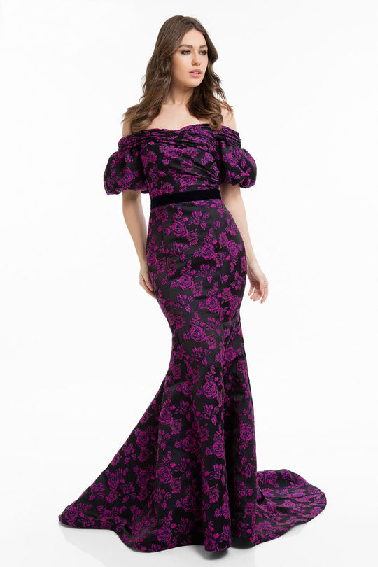Terani Couture - 1823E7337 Shirred Off-Shoulder Brocade Trumpet Gown in Black and Purple