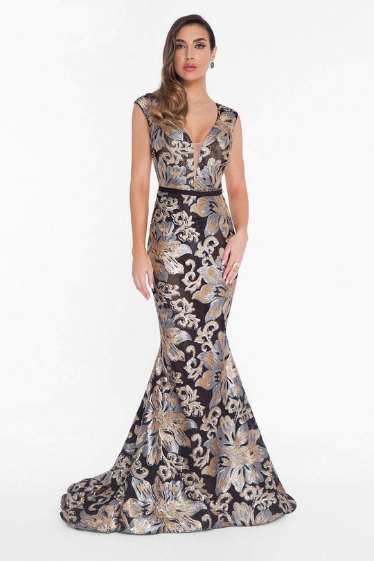 Terani Couture - 1823E7351 Sequined Lace Deep V-neck Trumpet Dress in Black and Multi-Color