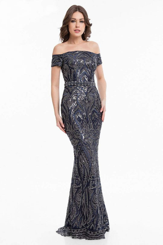 Terani Couture - 1823E7353 Bedazzled Off-Shoulder Sheath Gown in Blue and Neutral