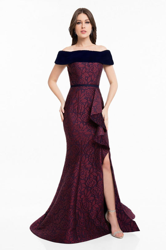 Terani Couture - 1823E7366 Faux Fur Brocade Trumpet Gown in Red and Blue