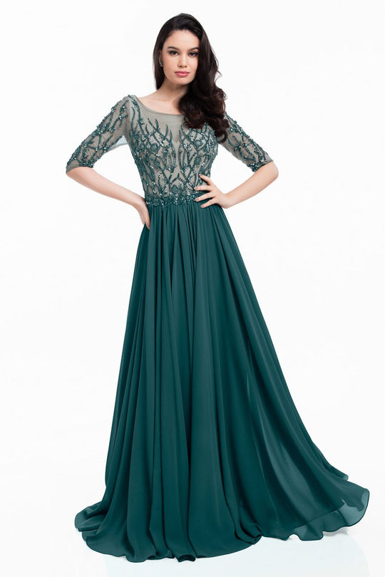 Terani Couture - 1822M7659 Bedazzled Illusion Bateau Chiffon Gown in Green