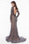 Terani Couture - 1823GL7530 Beaded High Neck Long Sleeves Evening Gown in Gray
