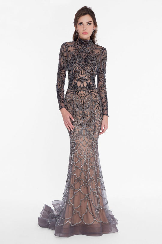 Terani Couture - 1823GL7530 Beaded High Neck Long Sleeves Evening Gown in Gray