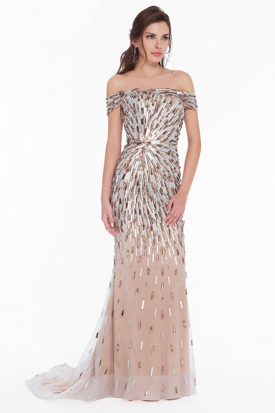 Terani Couture - 1823GL7540 Metallic Rectangle Embellished Sheath Gown in Silver and Neutral